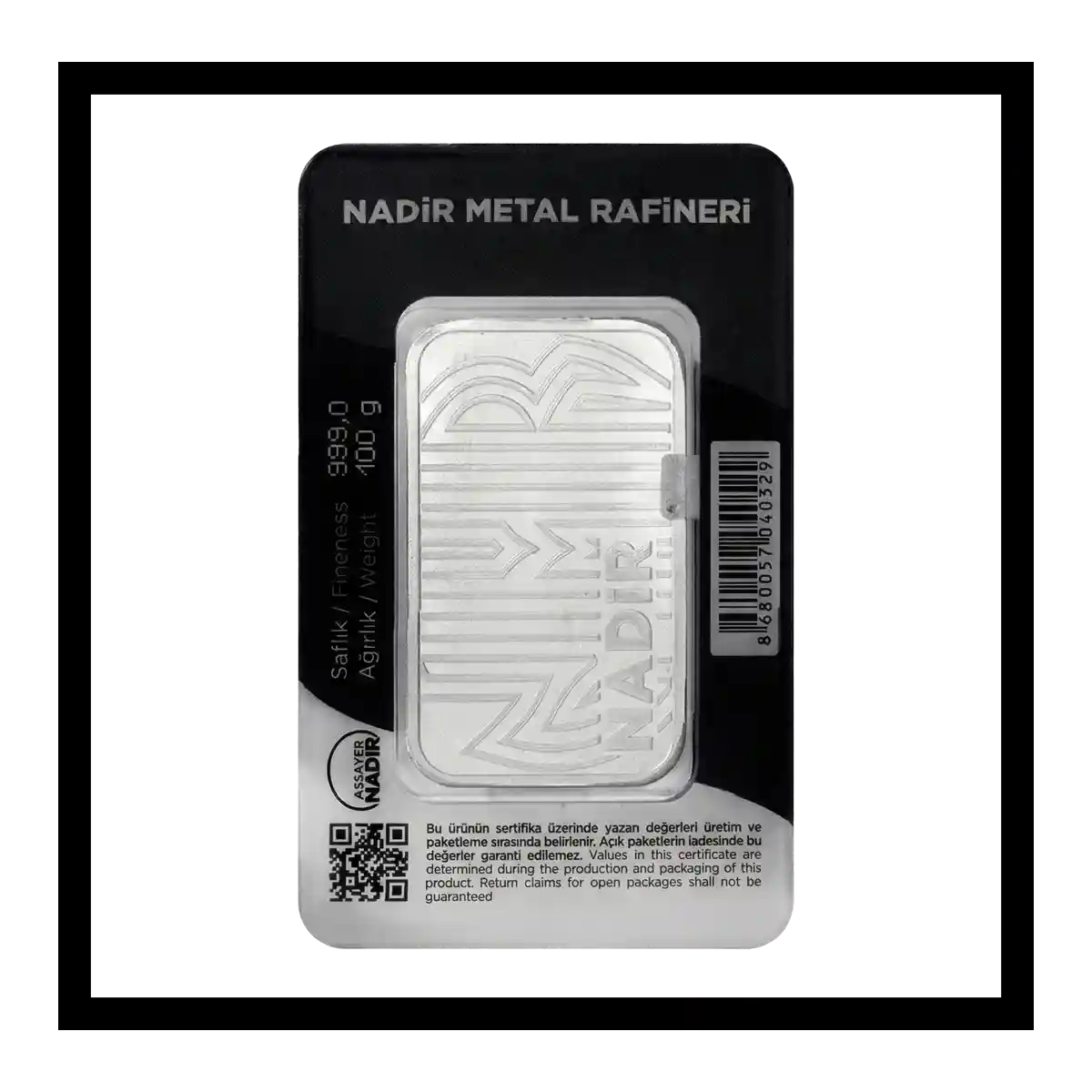 بسته بندی پلمپ شده شمش نقره ندیر 100 گرمی عیار 999 ساخت ترکیه