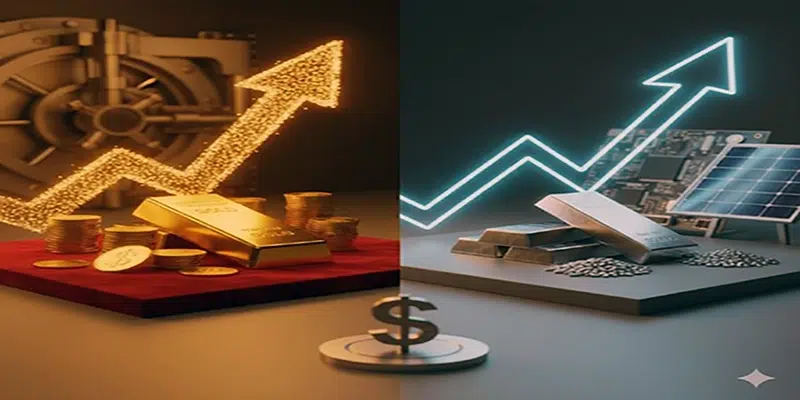 ترکیب شمش‌های نقره و طلا در کنار نمادهای مالی به عنوان جایگاه فلزات گرانبها در سبد سرمایه‌گذاری هوشمندانه