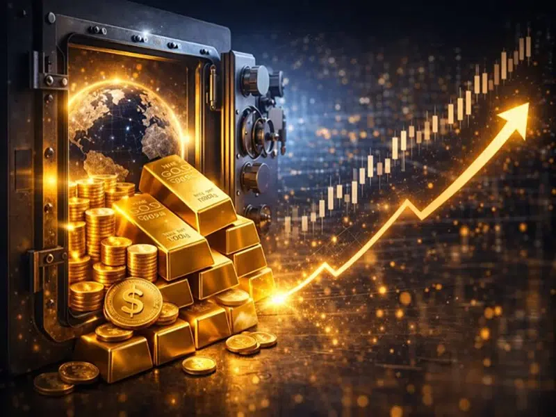تصویر با موضوع استراتژی‌های سرمایه‌گذاری در طلا شامل سکه، شمش طلا و نمودار صعودی قیمت برای مقاله آموزشی